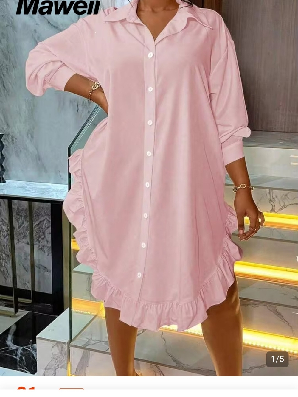 SHEIN Pink Ruffle-Trim Button Shirt Dress